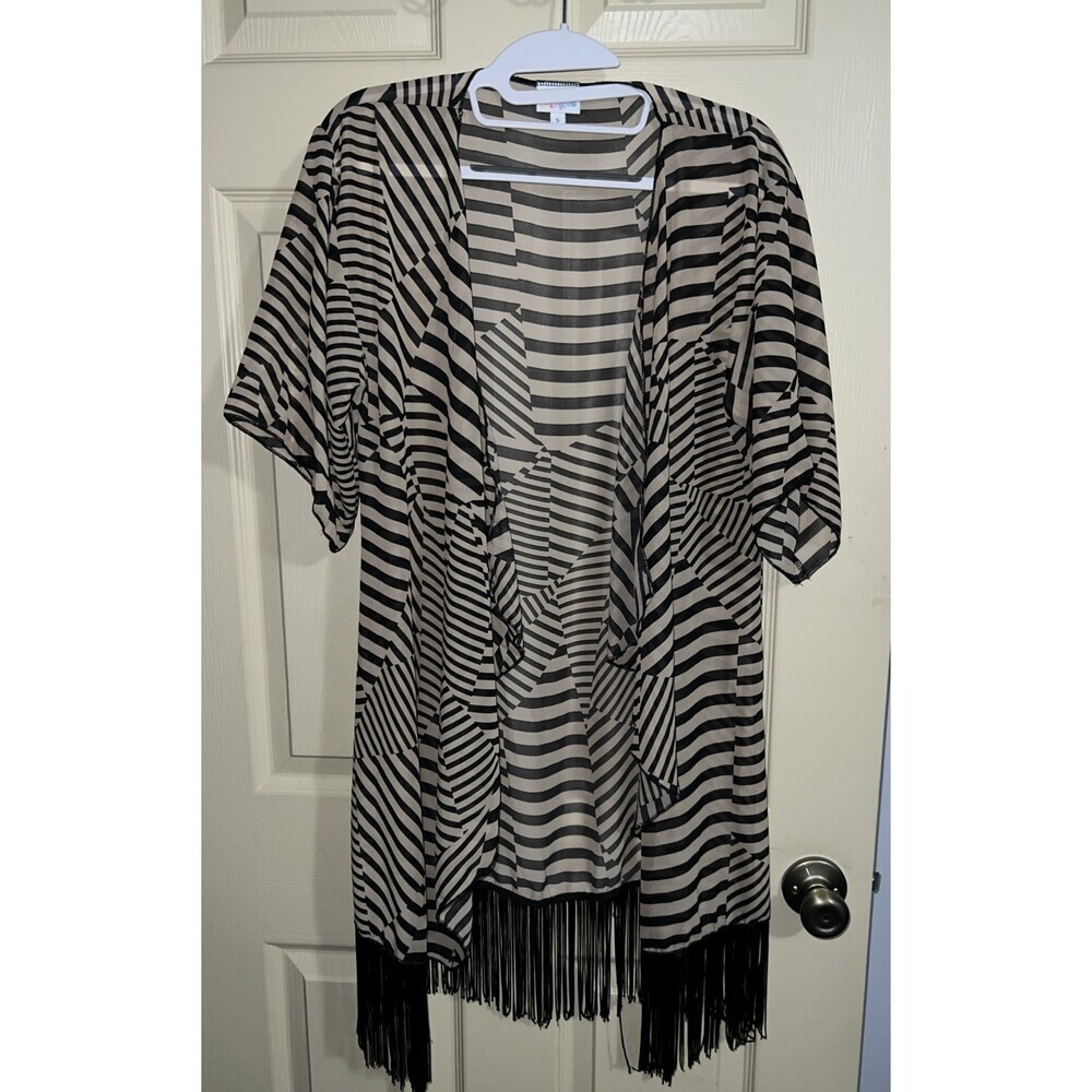 LulaRoe Monroe Kimono Top Fringe Black Geometric Large Beach Vacation Resort